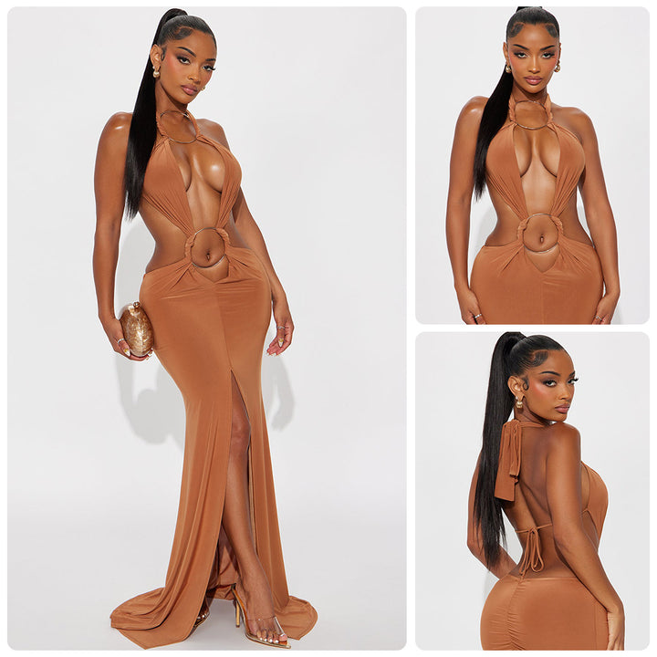 Damen aufregendes Maxikleid mit tiefem V-Ausschnitt und eleganten Raffungselementen Drune