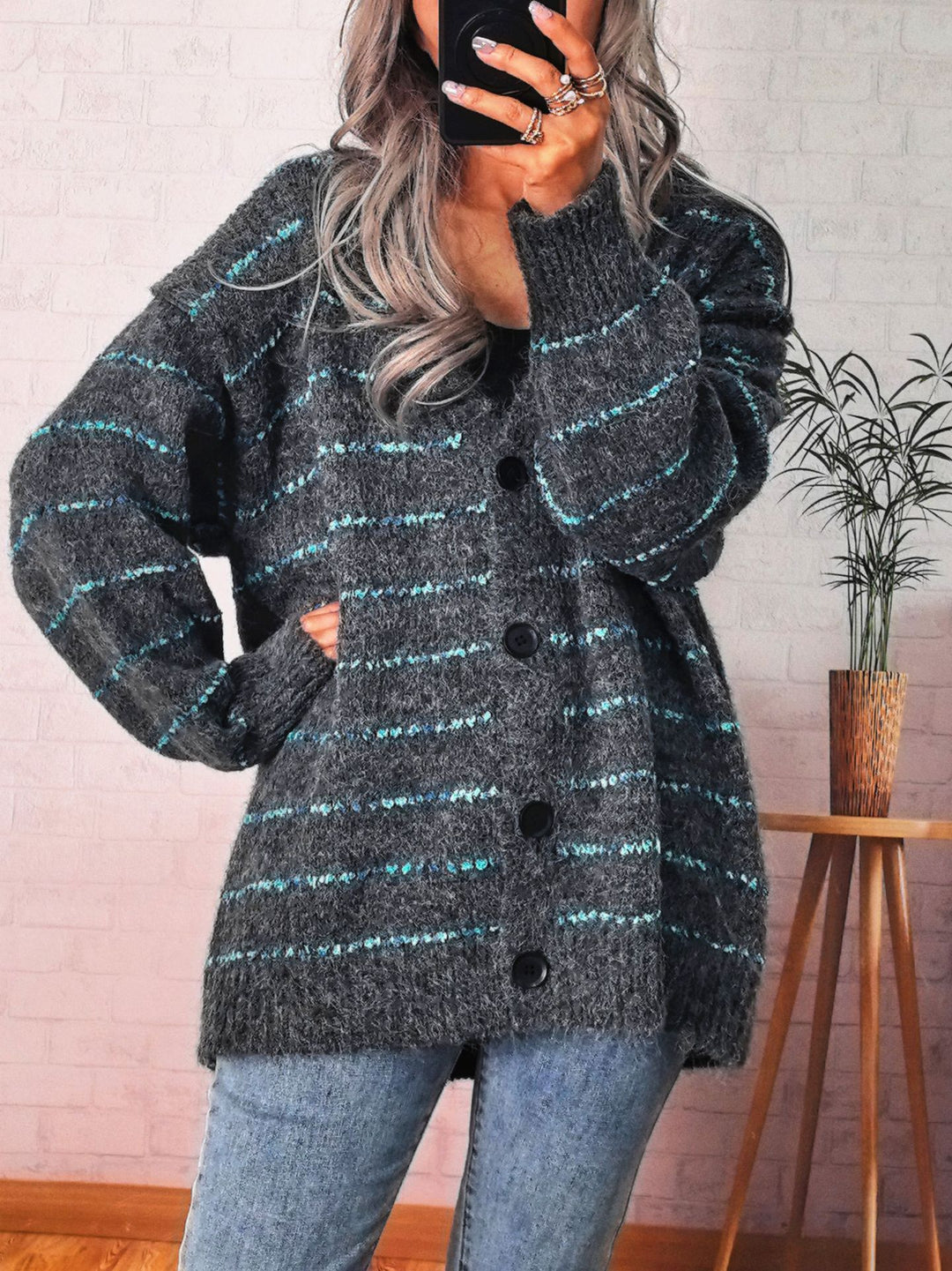 Damen kuschelige Strickjacke mit kontrastierenden Streifen Drune