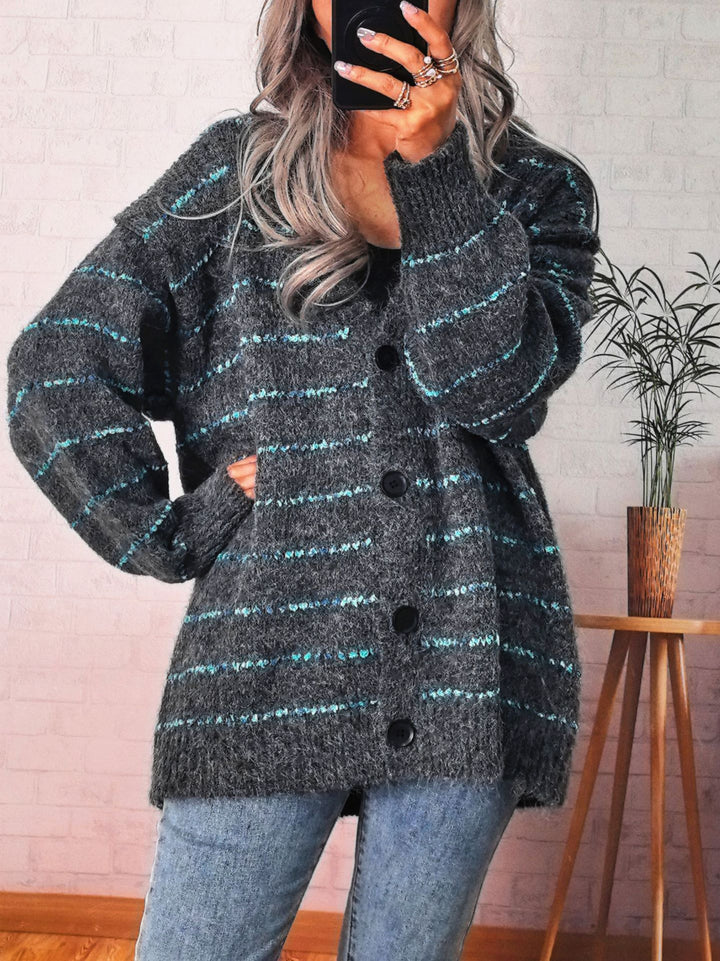 Damen kuschelige Strickjacke mit kontrastierenden Streifen Drune