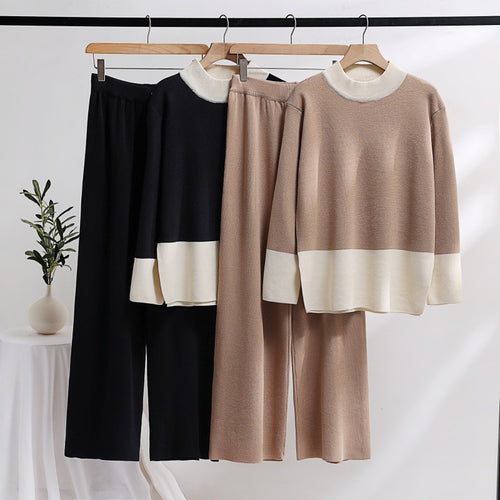 Damen elegantes Strick-Loungewear-Set mit weitem Bund und dekorativem Kragen Drune
