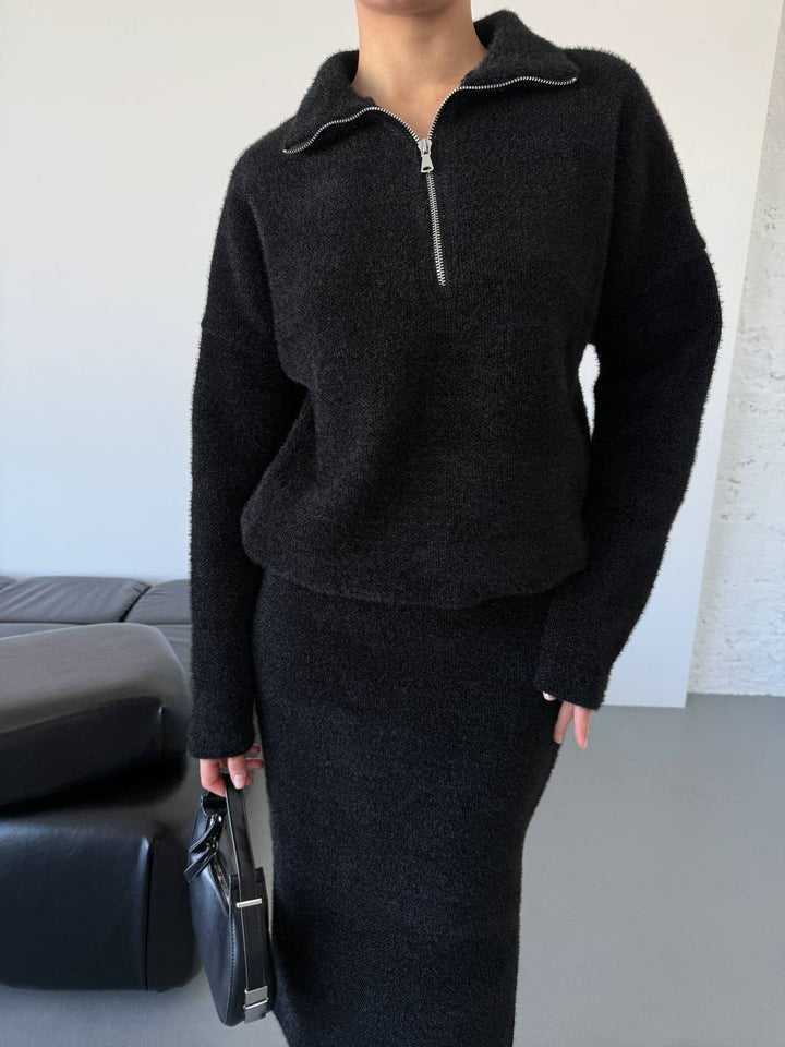 Damen Modischer Strickpullover mit kurzem Reißverschluss Drune