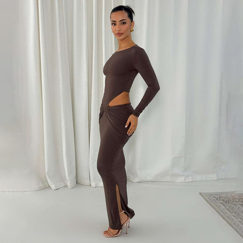 Damen Figurbetontes Maxikleid mit transparenten Cut-Outs und Raffungen Drune