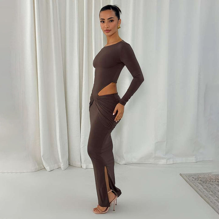 Damen Figurbetontes Maxikleid mit transparenten Cut-Outs und Raffungen Drune
