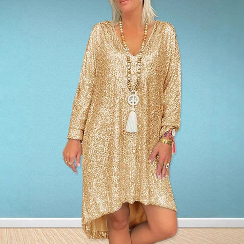 Damen Glitzerndes Oversized Kleid mit V-Ausschnitt und langen Ärmeln Drune