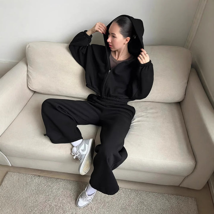 Damen lässiger Kapuzenpullover und weite Jogginghose Set Drune