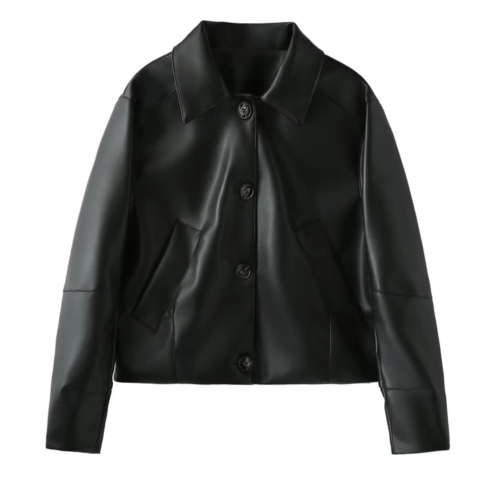 Damen elegante Kunstlederjacke mit moderner Silhouette und praktischen Taschen Drune
