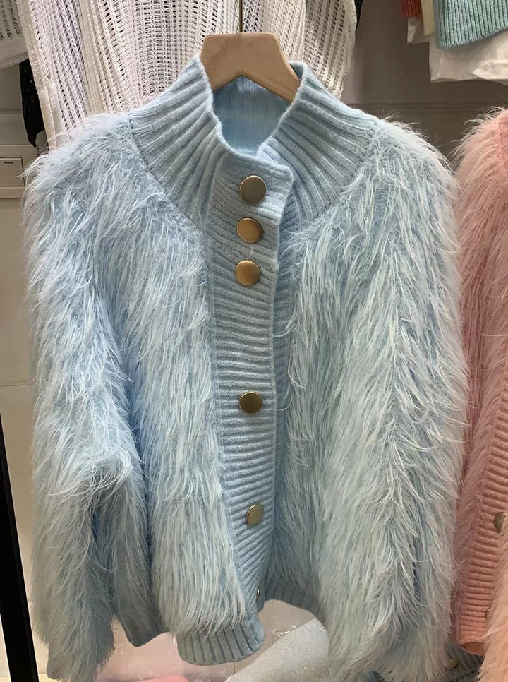 Damen kuschelige Strickjacke mit Knopfverschluss und hohem Kragen Drune