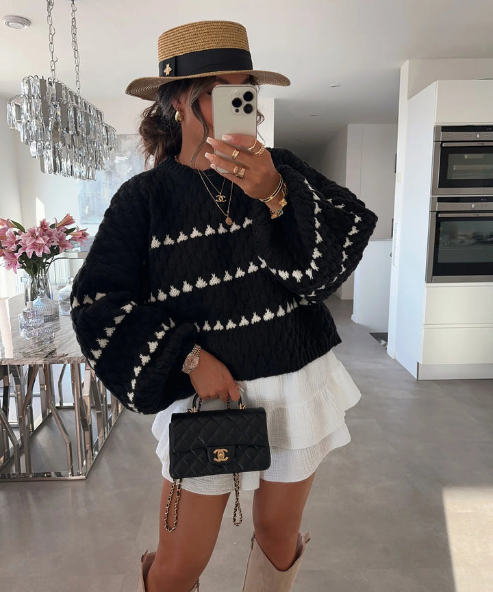 Damen eleganter Strickpullover mit weiten Ärmeln und grafischem Muster Drune