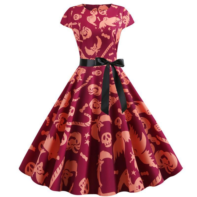 Damen Retro Swingkleid mit einzigartigem Halloween-Muster und Taillengürtel Drune