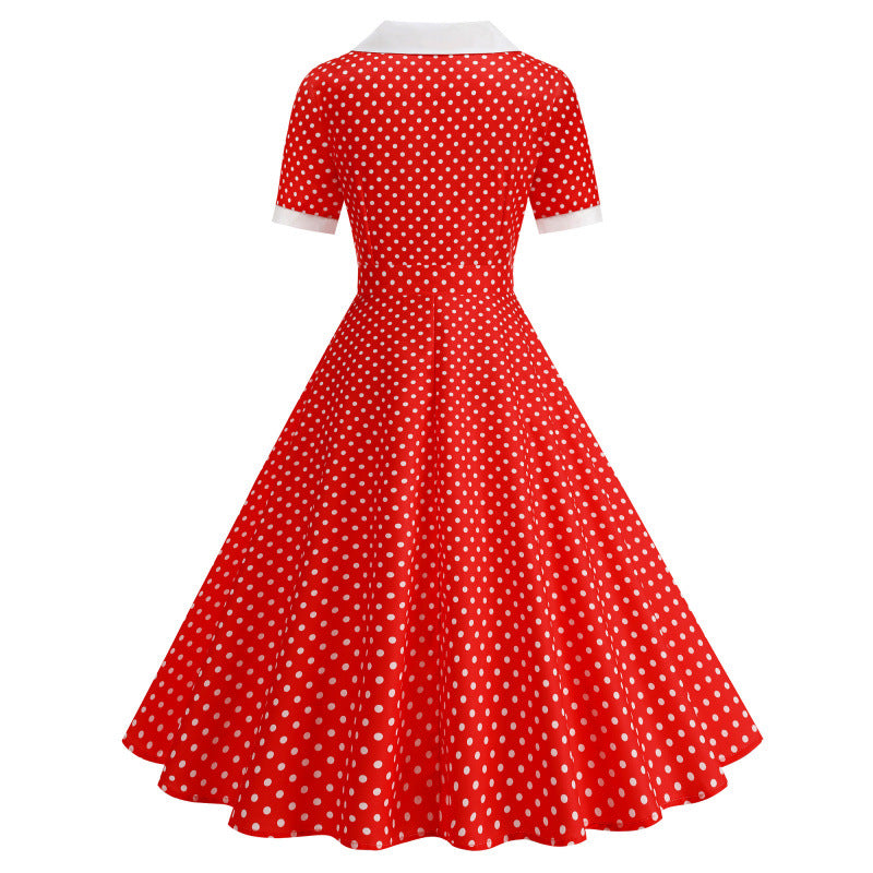 Damen Vintage Polka-Dot Kleid mit Knopfdetails und schwingendem Rock Drune
