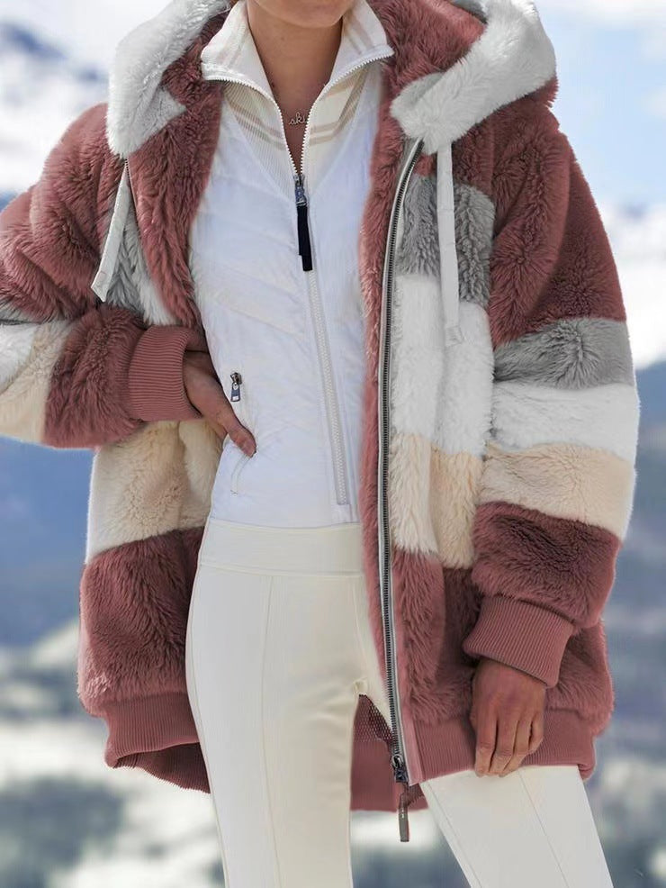 Damen nan oversized Kunstfelljacke mit Kapuze, Blockstreifen-Optik und zweifachem Reißverschluss Drune