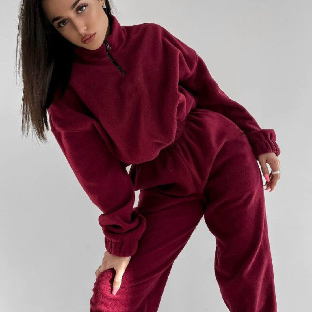 Damen komfortabler Fleece-Jogginganzug mit hohem Kragen und elastischen Bündchen Drune