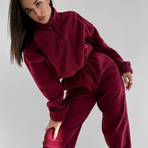 Damen komfortabler Fleece-Jogginganzug mit hohem Kragen und elastischen Bündchen Drune