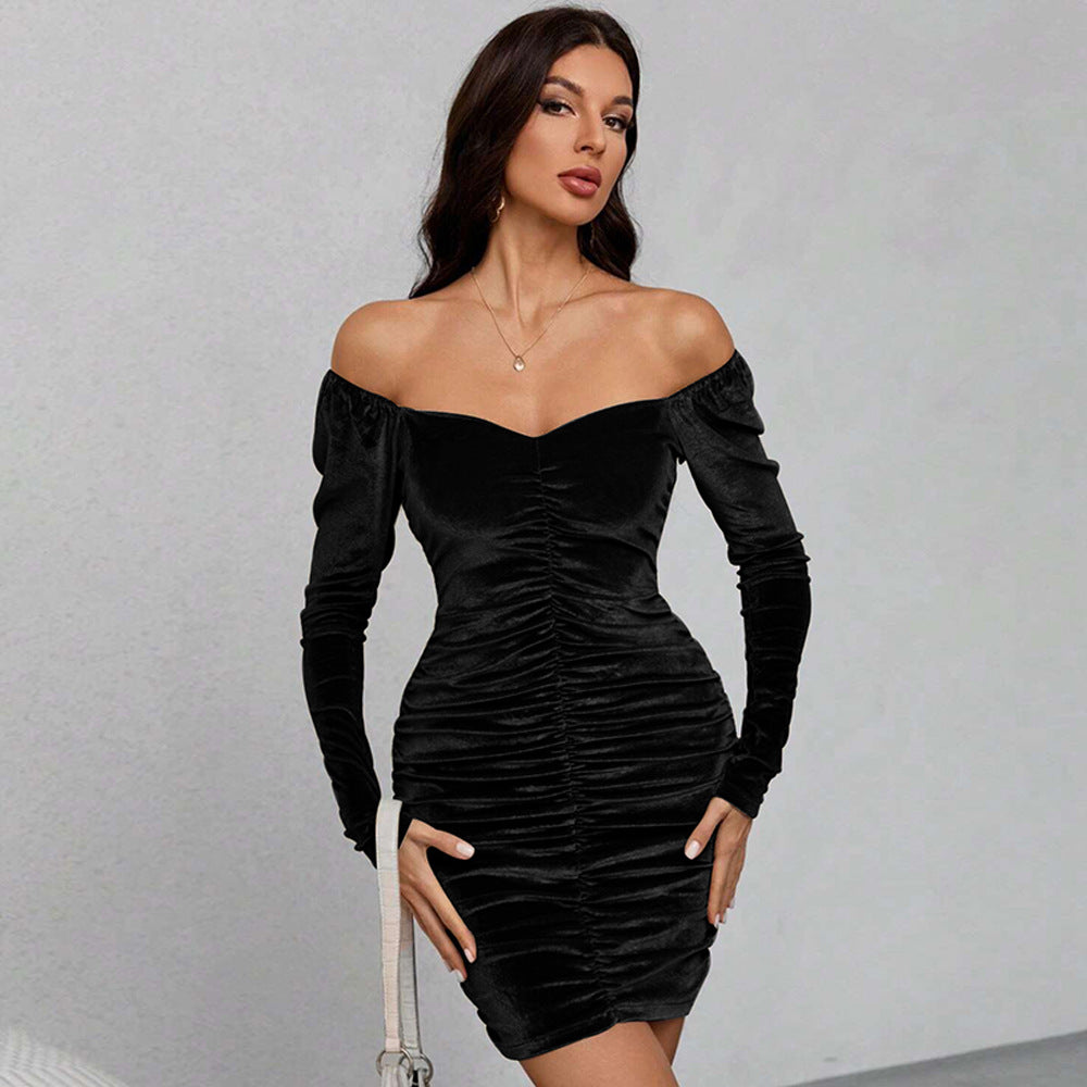 Damen Samt-Minikleid mit voluminösen Puffärmeln und eleganter Raffung Drune