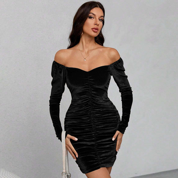 Damen Samt-Minikleid mit voluminösen Puffärmeln und eleganter Raffung Drune
