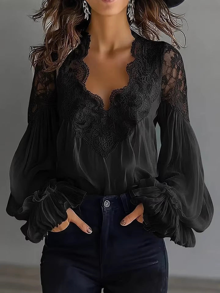 Damen elegante Spitzenbluse mit voluminösen Ärmelabschlüssen und floralen Akzenten Drune