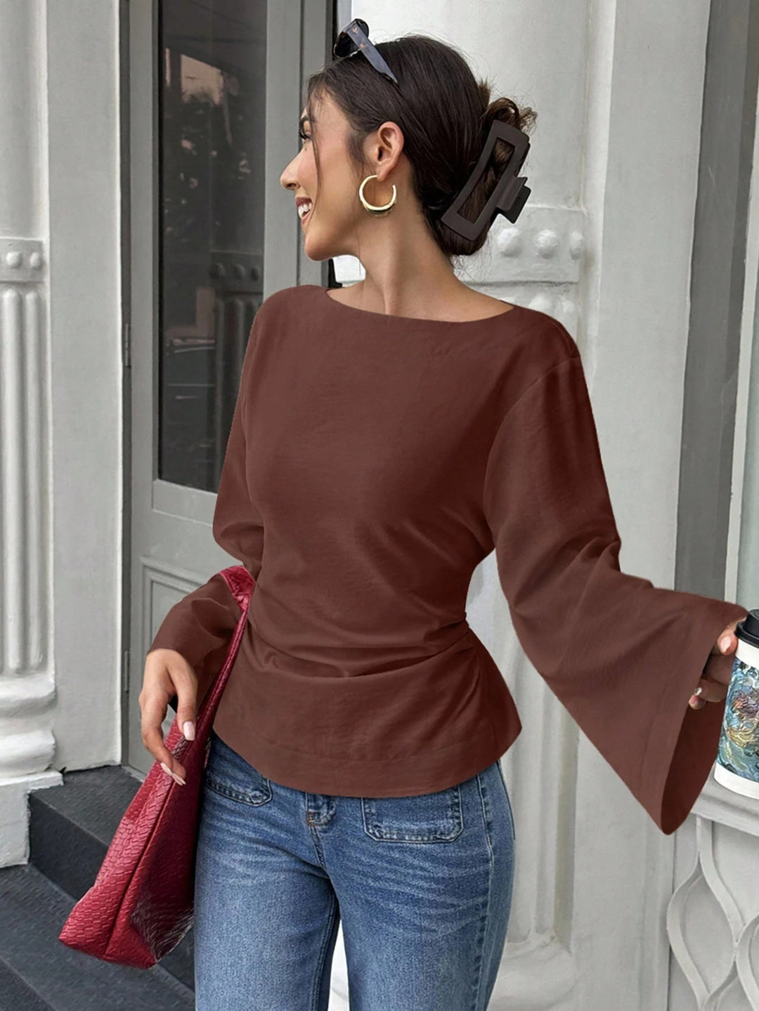 Damen elegantes Oberteil mit weitem Ärmel und schickem Bund Drune