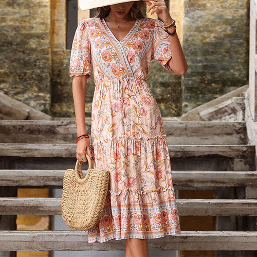 Damen Maxikleid mit floralen Mustern und Rüschen Drune
