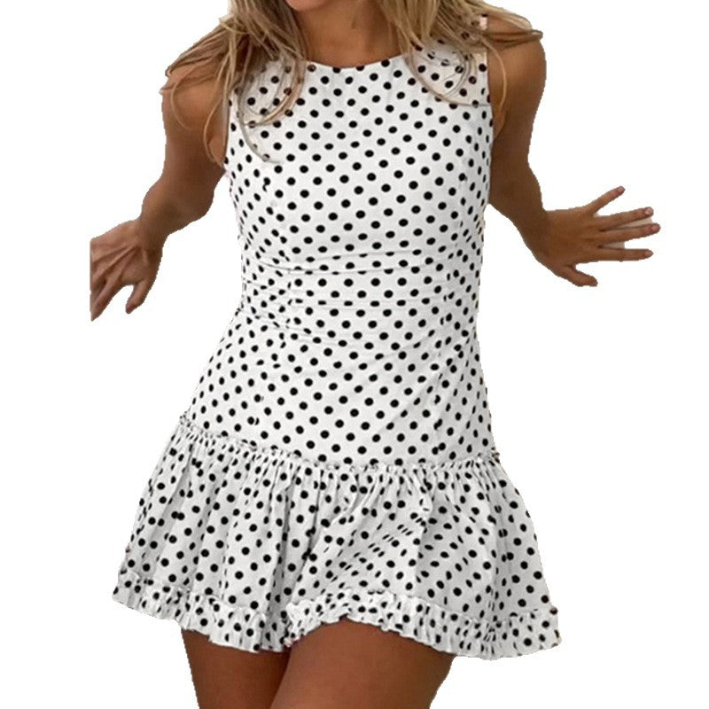 Damen Polka-Dots Minikleid mit voluminösem Rock und angedeutetem Spitzen Saum Drune