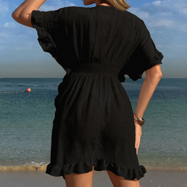 Damen luftiges Strandkleid mit Rüschendetails und vorteilhafter Schärpe Drune