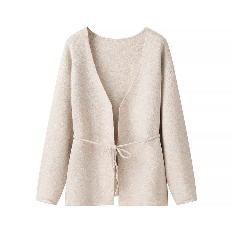 Damen lockere Strickjacke mit Taillenschnürung und weitem V-Ausschnitt Drune