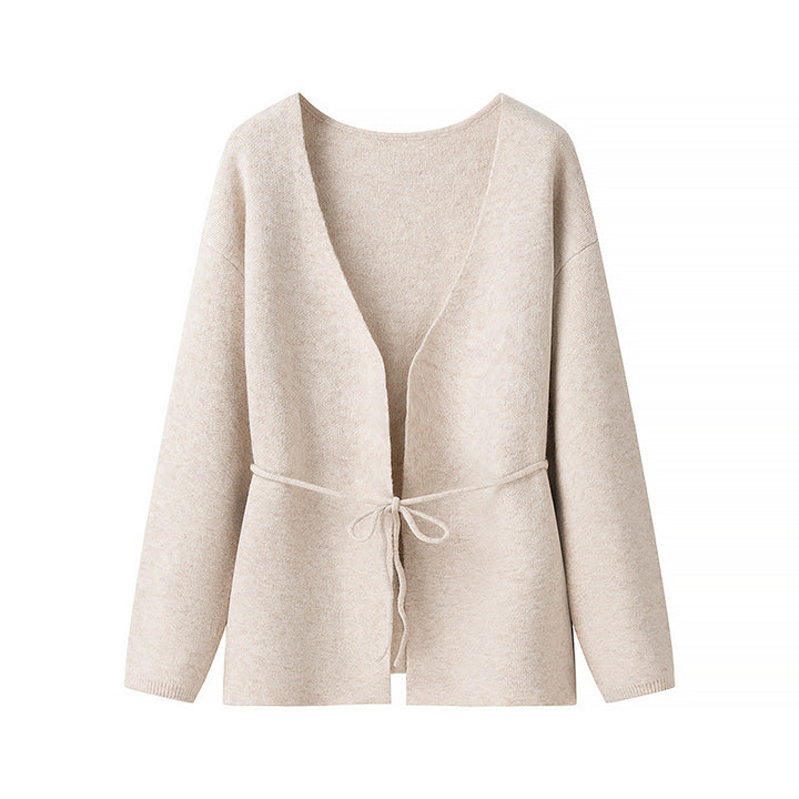 Damen lockere Strickjacke mit Taillenschnürung und weitem V-Ausschnitt Drune