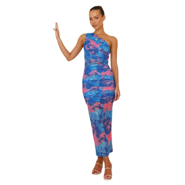 Damen Midikleid mit asymmetrischem Träger und floralem Raffdesign Drune