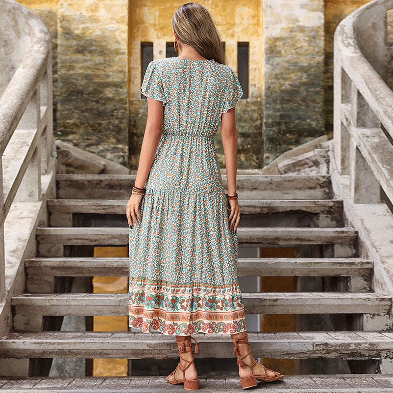 Damen Maxi-Kleid mit floralen Details und elastischem Taillenzug Drune
