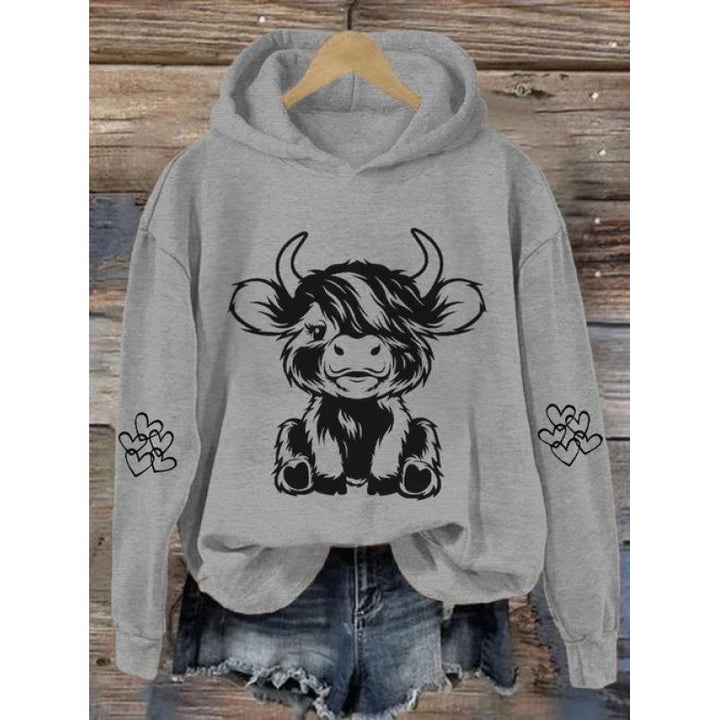 Damen Kapuzensweater mit entzückendem Kuhmotiv und praktischen Kängurutaschen Drune