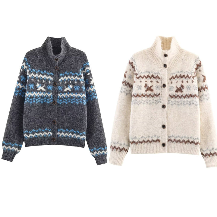 Damen Strickjacke mit Norwegermuster und hohem Kragen Drune