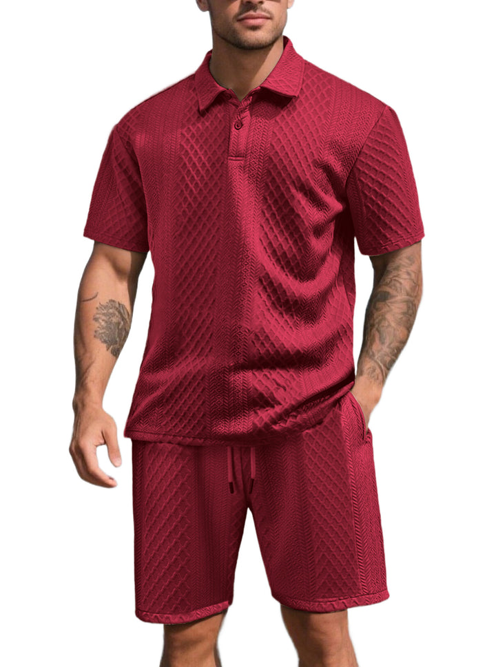 Herren nan dreidimensionales Relief-Freizeit-Set mit Polokragen, verdeckter Knopfleiste und elastischer Tunnelzugshorts Drune
