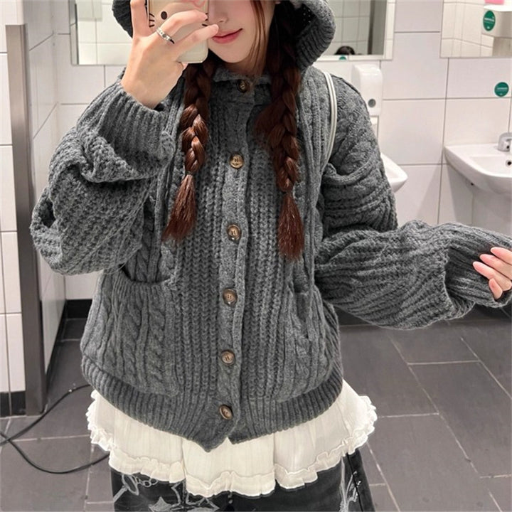 Damen Grobstrickjacke mit Kapuze und großen Taschen Drune