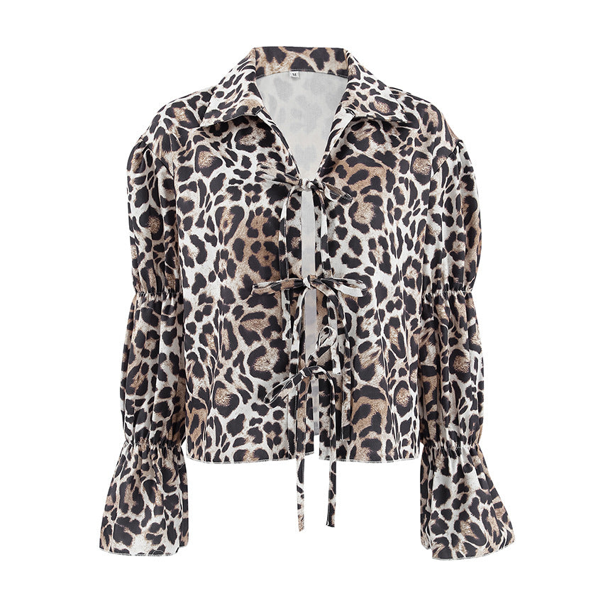 Damen Modische Bluse mit Leopardenmuster und Rüschenärmeln Drune