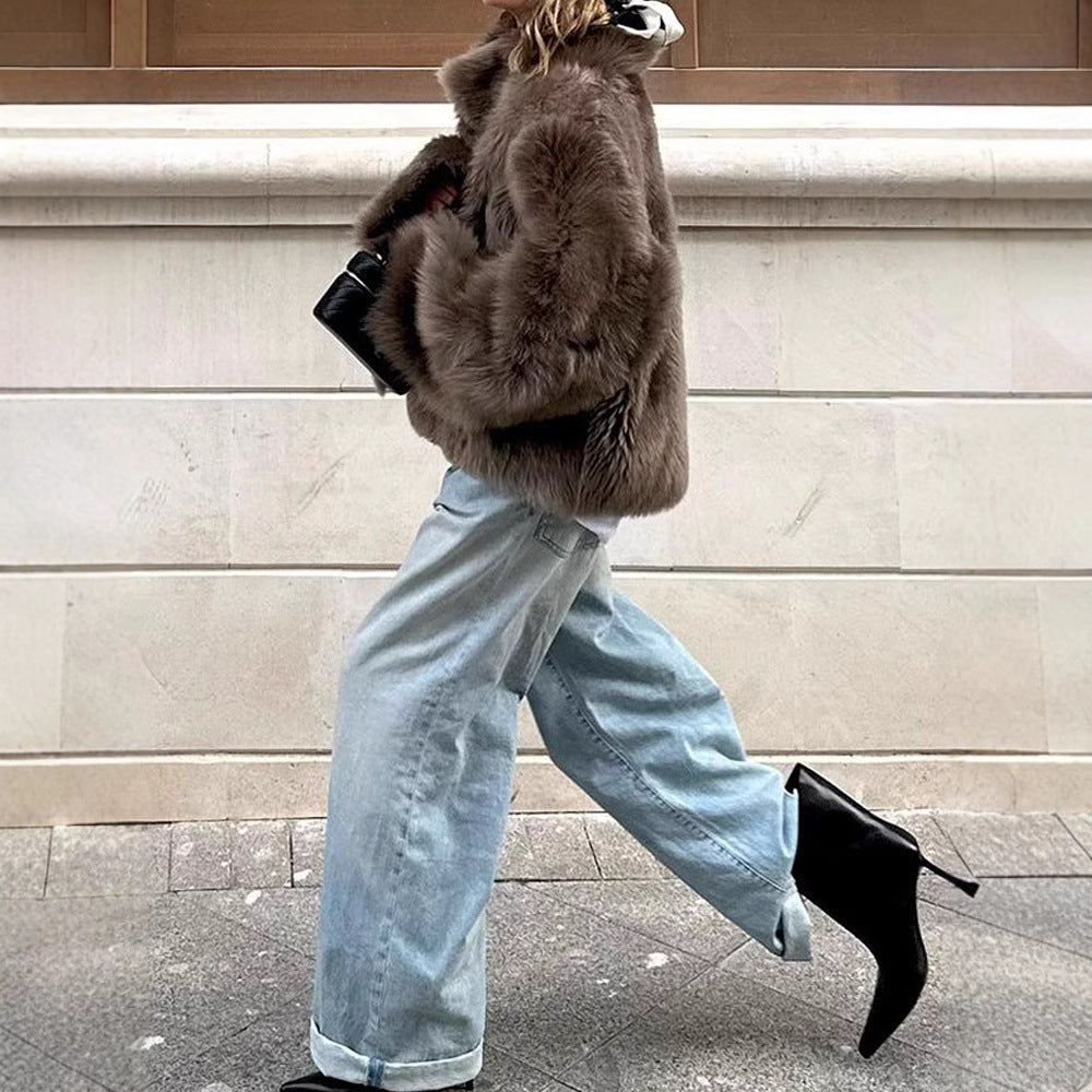 Damen Pelzjacke im modernen Oversize-Stil mit gemütlichem Kragen Drune