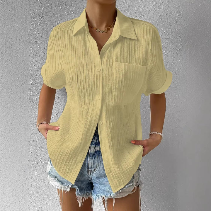Damen lässige kurzärmlige Bluse mit Struktur und Brusttasche Drune