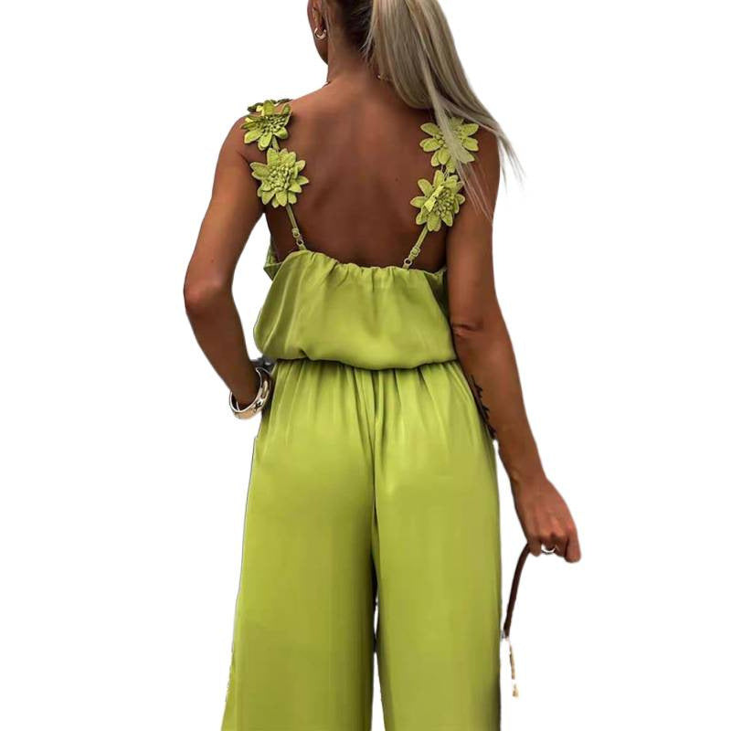 Damen Jumpsuit mit floralen Rüschen und weitem Bein Drune