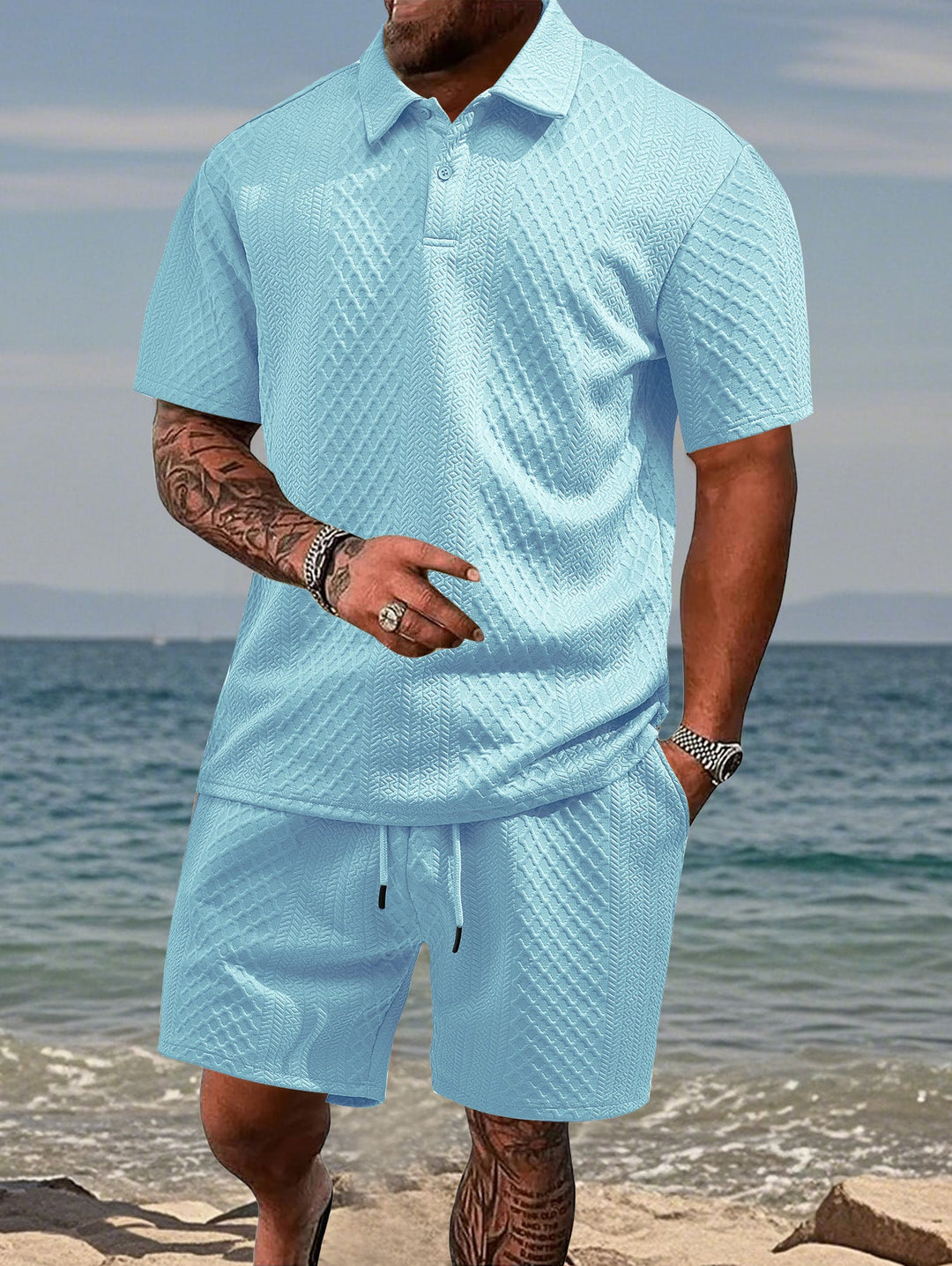 Herren nan geprägtes Strand-Ensemble mit offenem Kurzarm-Hemd und Kordel-Bermuda Drune