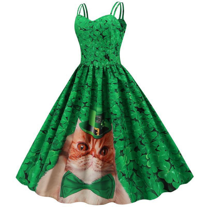 Damen A-Linien Kleid mit tierischem Motiv und verzierten Trägern Drune