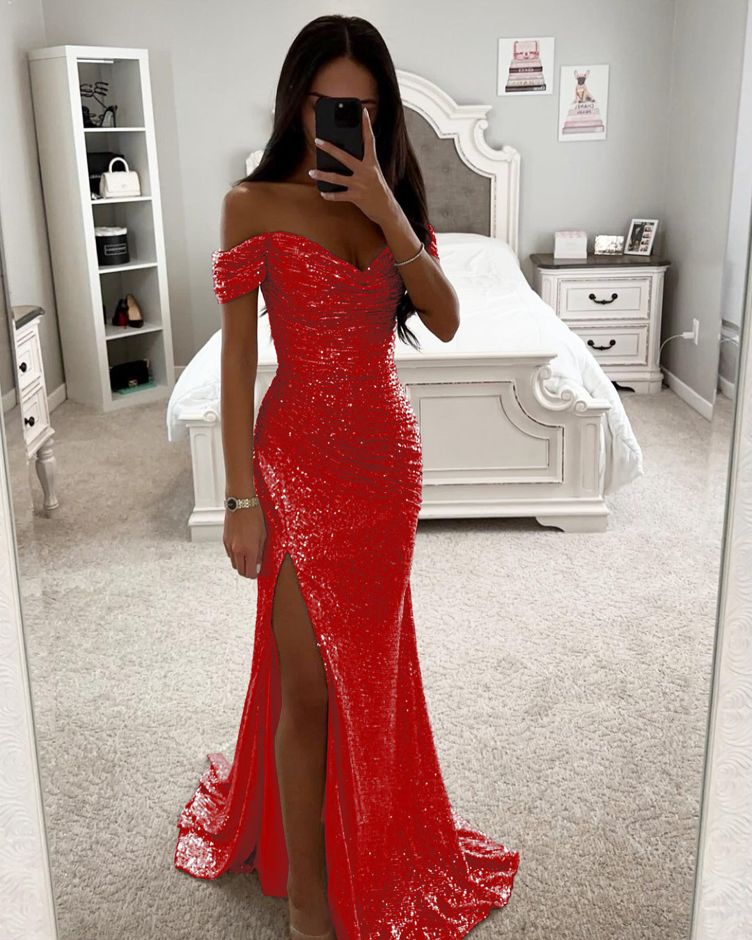 Damen Glitzerndes Abendkleid mit schulterfreiem Design und hohem Schlitz Drune