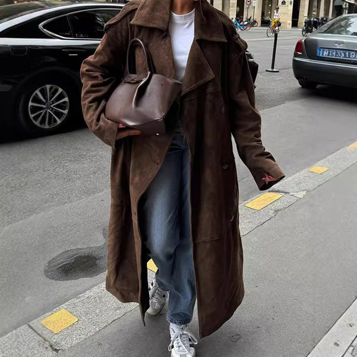Damen Eleganter Suede-Trenchcoat mit großzügigem Schnitt Drune