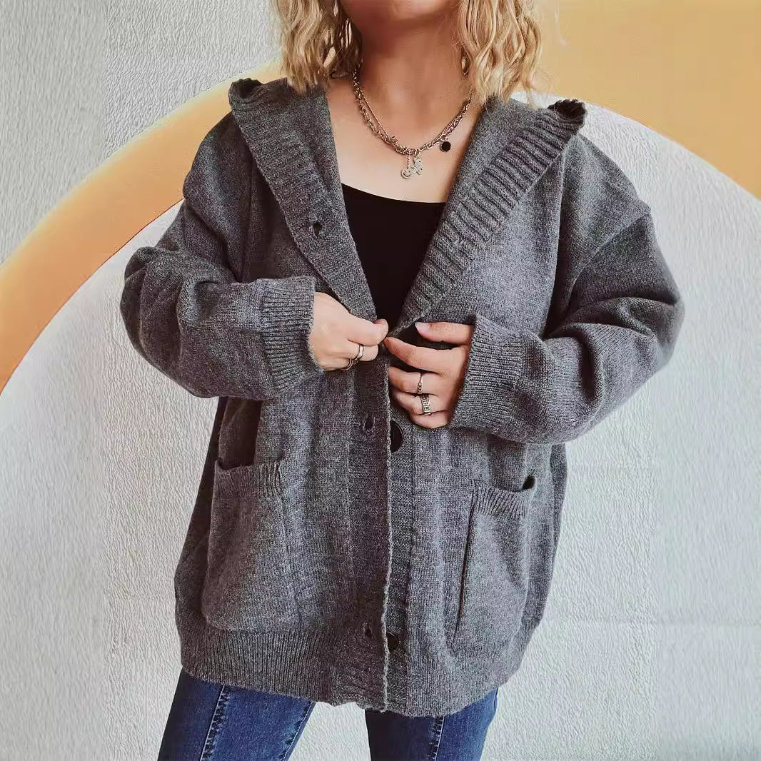 Damen bequeme Strickjacke mit Kapuze und praktischen Taschen Drune