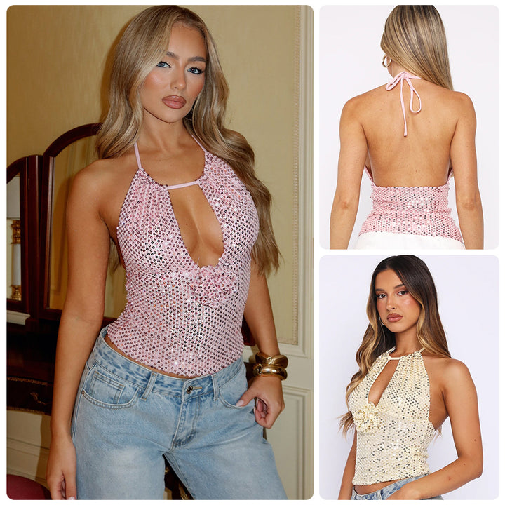 Damen Glamouröses Spitzentop mit funkelnden Pailletten und elegantem Halterdesign Drune