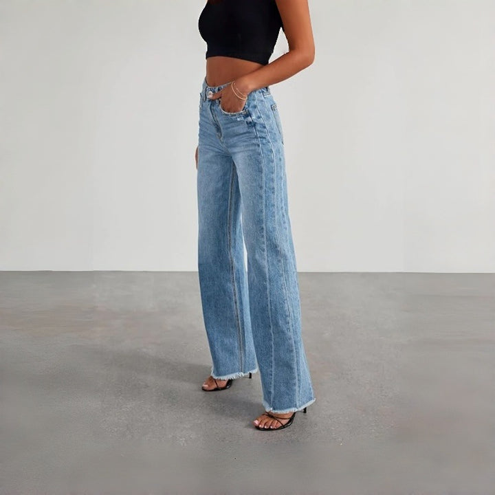 Damen Weite Denim-Hose mit rohem Saum und praktischen Taschen Drune