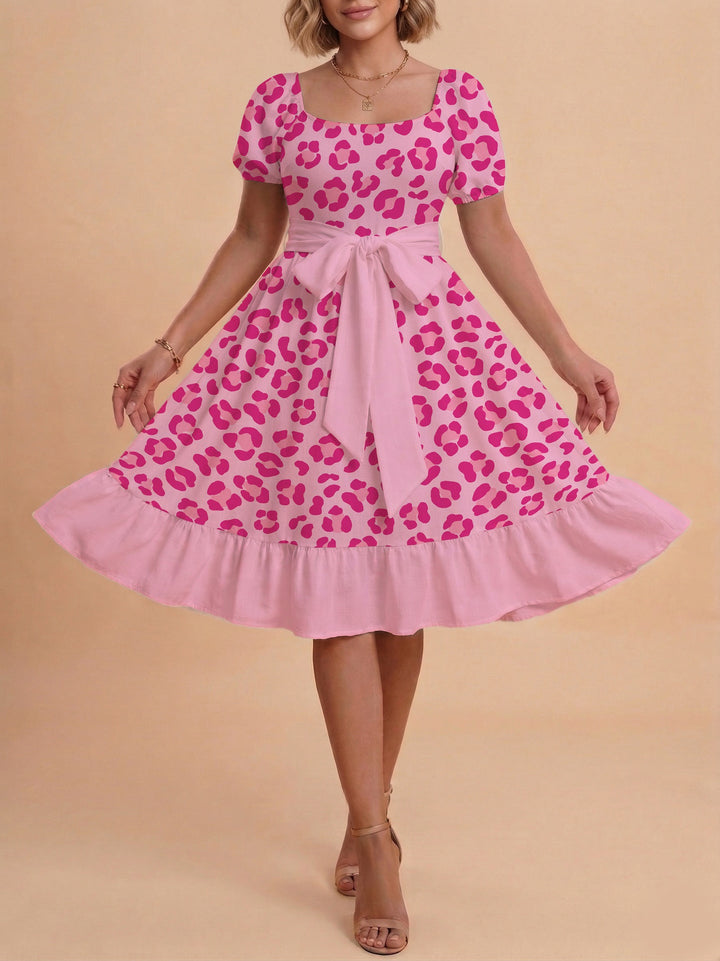 Damen Sommerliches Blumenkleid mit taillierbarem Gürtel und voluminösen Ärmeln Drune
