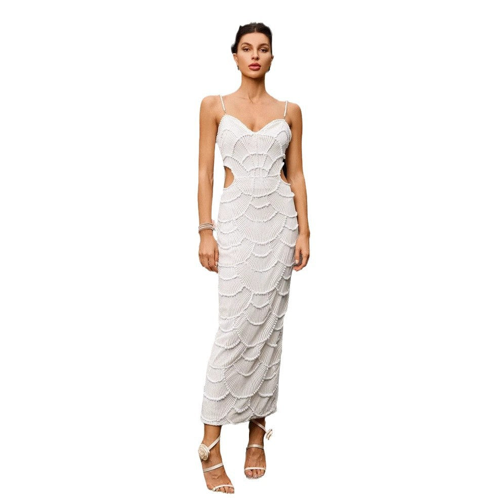 Damen Elegantes Midi-Kleid mit rückseitigen Cut-Outs und dekorativem Wellendesign Drune