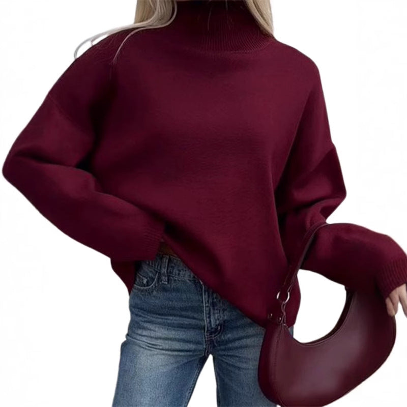 Damen Oversized Strickpullover mit hohem Kragen und lässiger Passform Drune