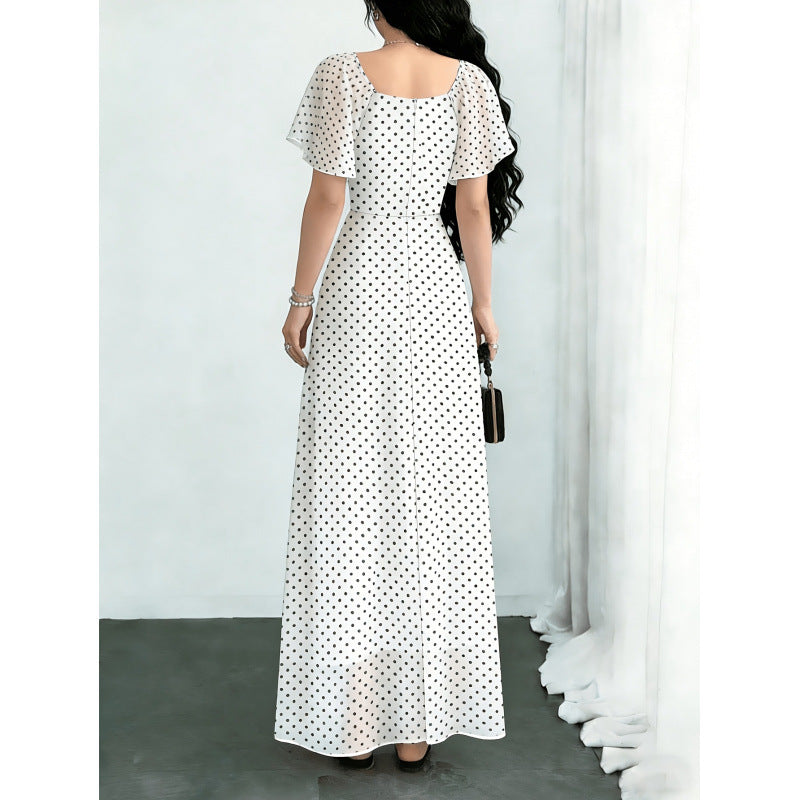 Damen Maxikleid mit voluminösen Rüschenschultern und vintage Punktedesign Drune
