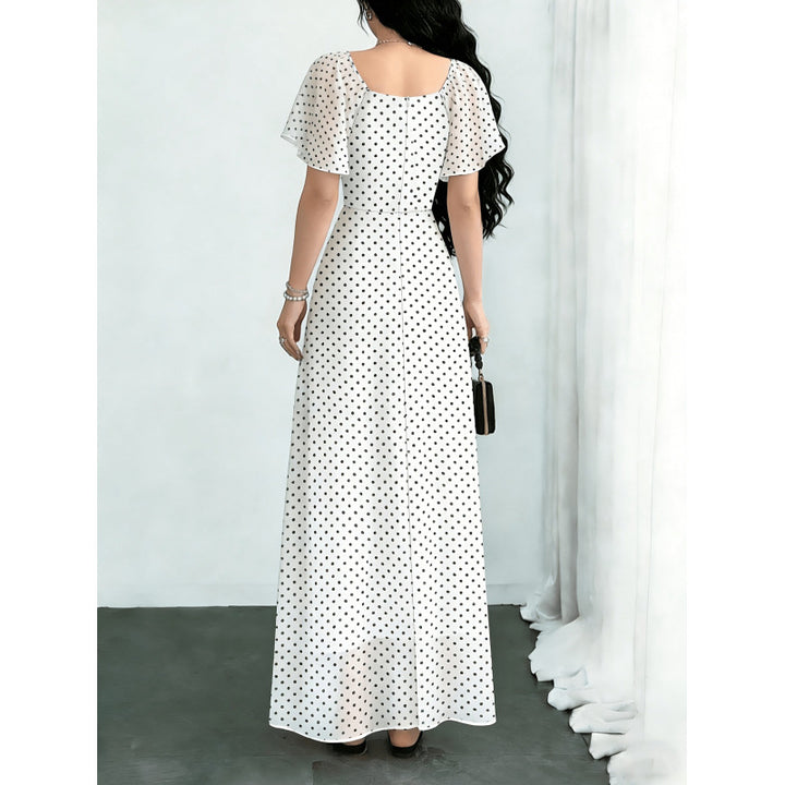 Damen Maxikleid mit voluminösen Rüschenschultern und vintage Punktedesign Drune