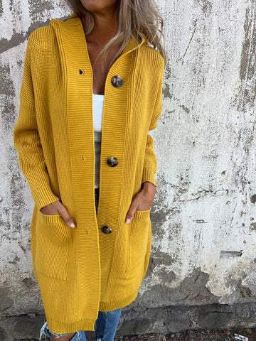 Damen lange Strickjacke mit Kapuze und Taschen Drune