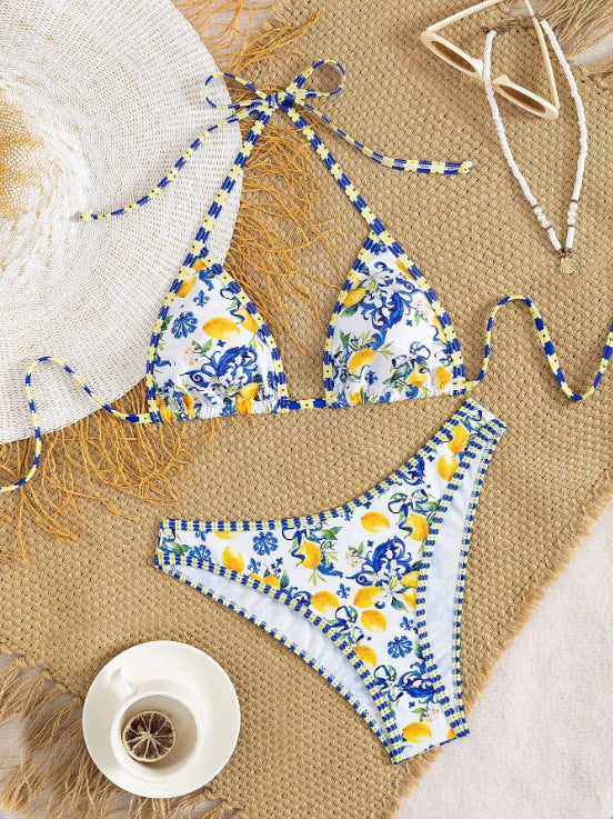 Damen Triangel-Bikini mit floralem Design und Bindedetails Drune
